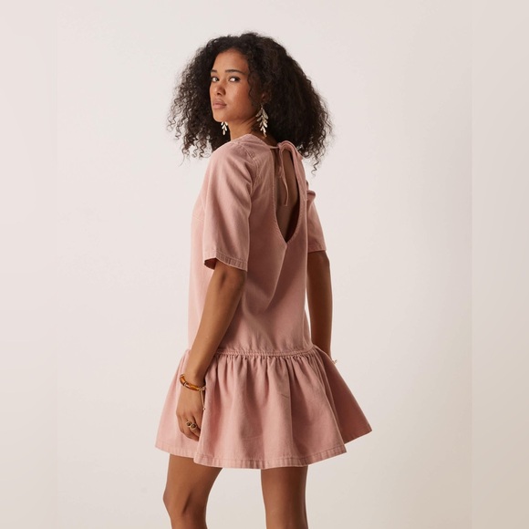 NEW ASOS DESIGN denim T-shirt mini dress with drop waist in pink - Picture 2 of 5